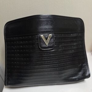 Valentino Vintage Black Leather Clutch No Zipper Magnetic Only.